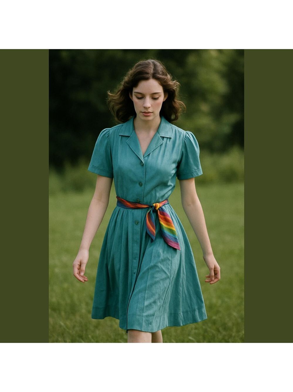 Vintage 70s Teal Dress Rainbow Belt